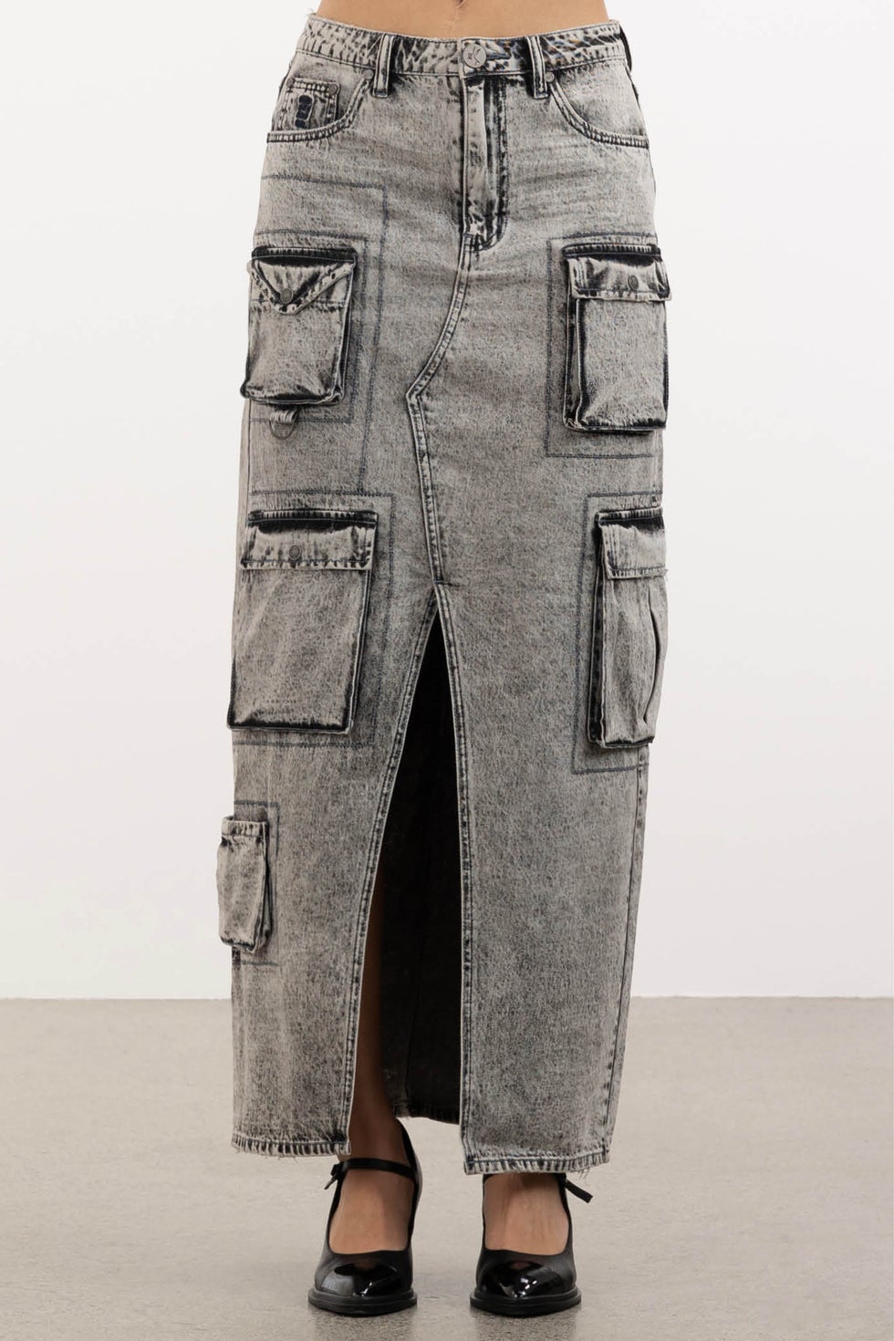 90s Cargo Pocket Column Denim Skirt in Grey