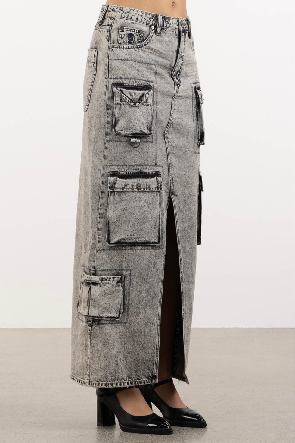 90s Cargo Pocket Column Denim Skirt in Grey