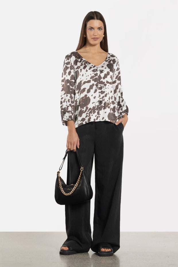 Abby Tie Front Blouse in Brown