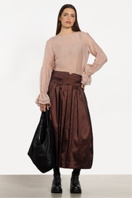Ada Long Taffeta Skirt in Brown