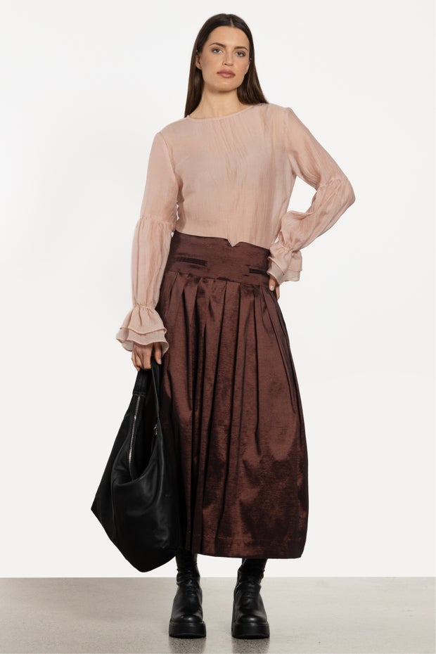 Ada Long Taffeta Skirt in Brown