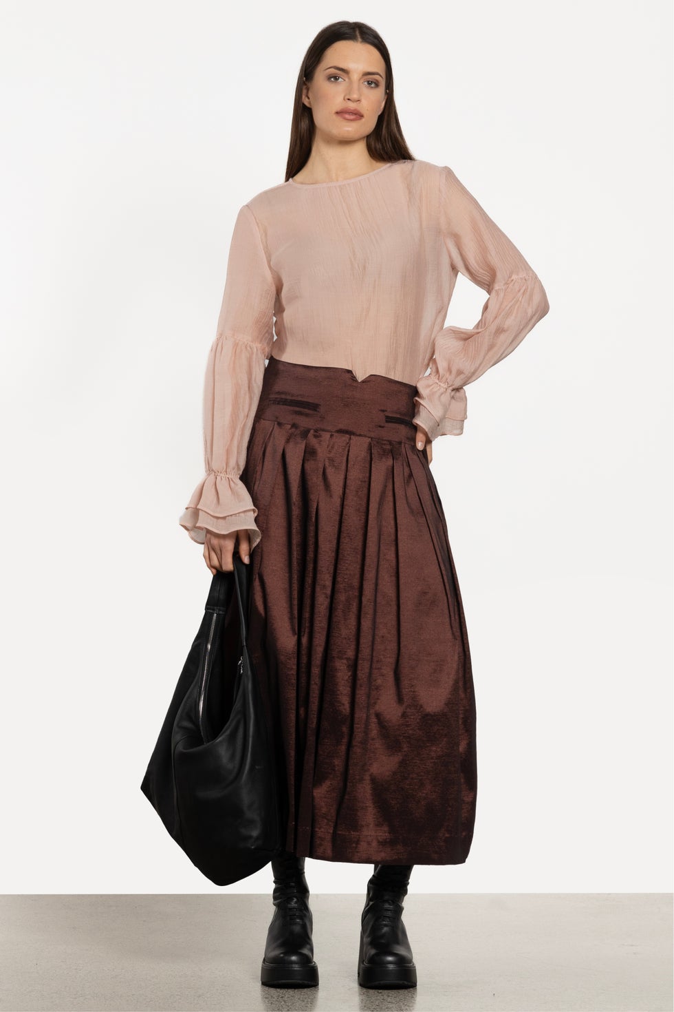 Ada Long Taffeta Skirt in Brown