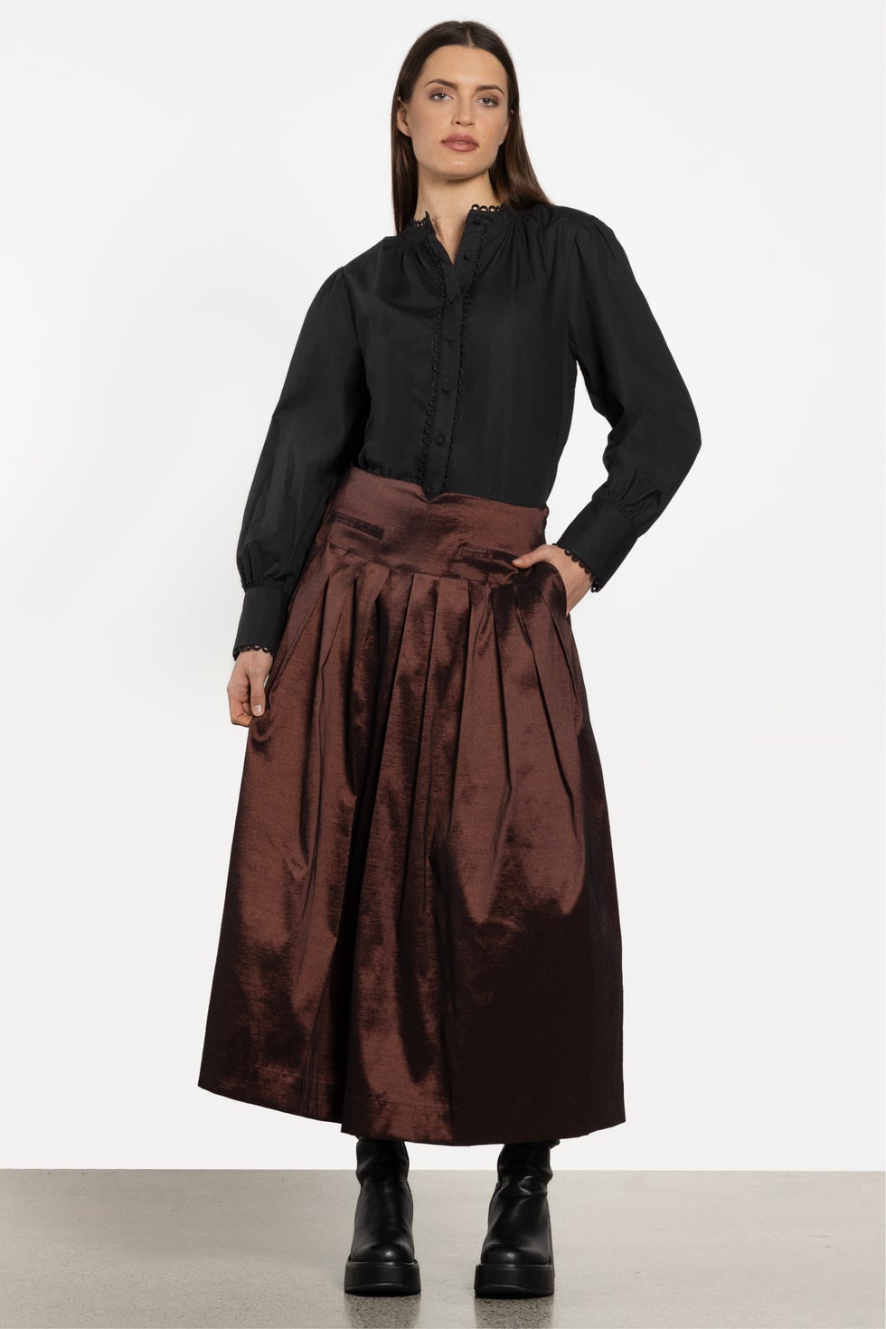 Ada Long Taffeta Skirt in Brown