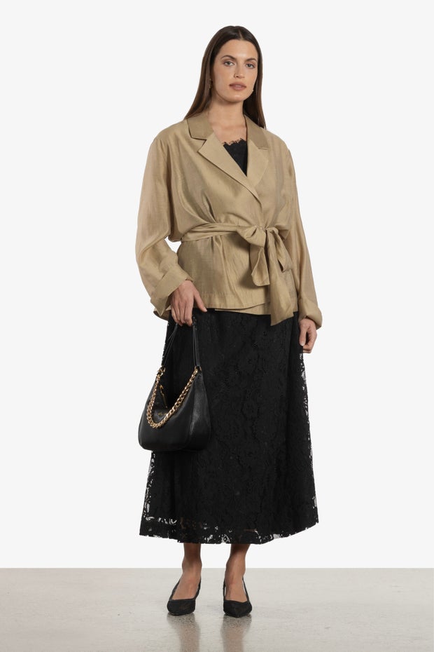 Amaretto Cropped Belted Jacket in Metallic