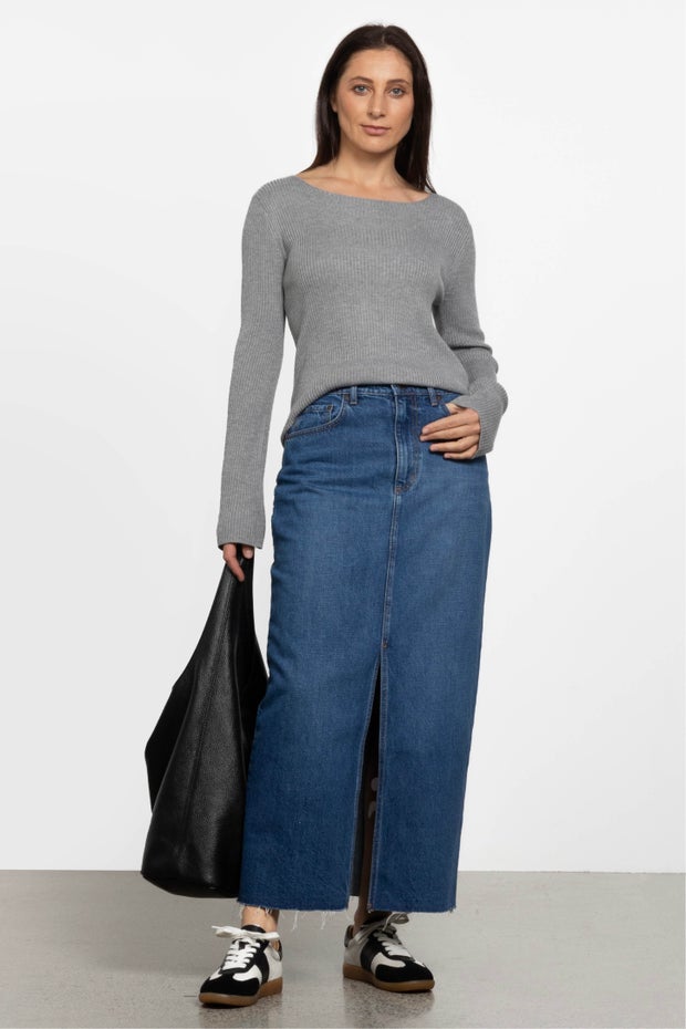 Avery Long Denim Skirt in Blue