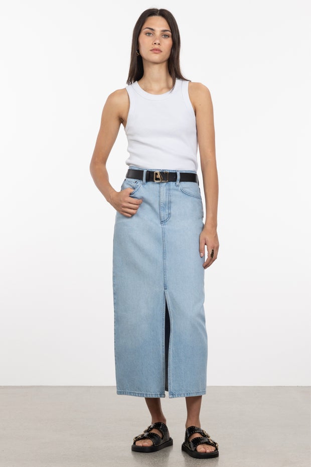 Avery Long Denim Skirt in Black
