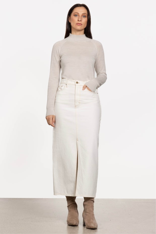 Avery Long Denim Skirt in White