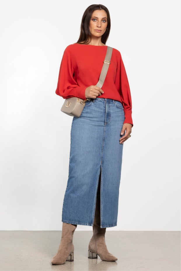Avery Long Denim Skirt in Blue