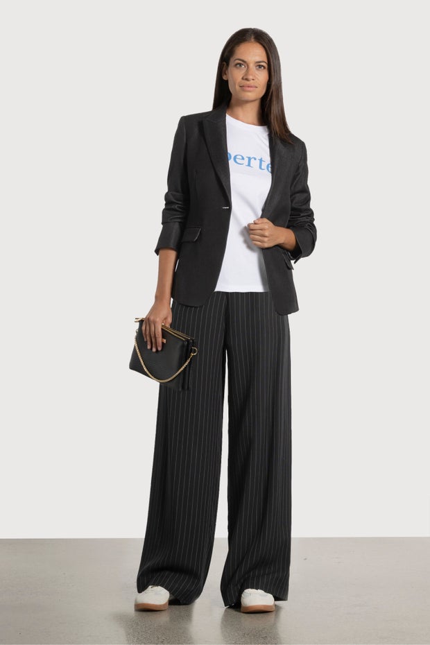 Bronson Wide Leg Pinstripe Pant in Black