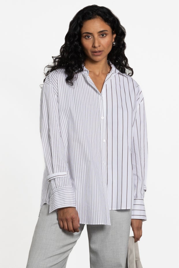 Camden Pinstripe Asymmetric Shirt in Brown