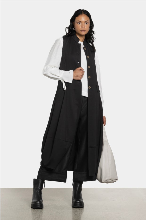 Carla Long Sleeveless Waistcoat in Black