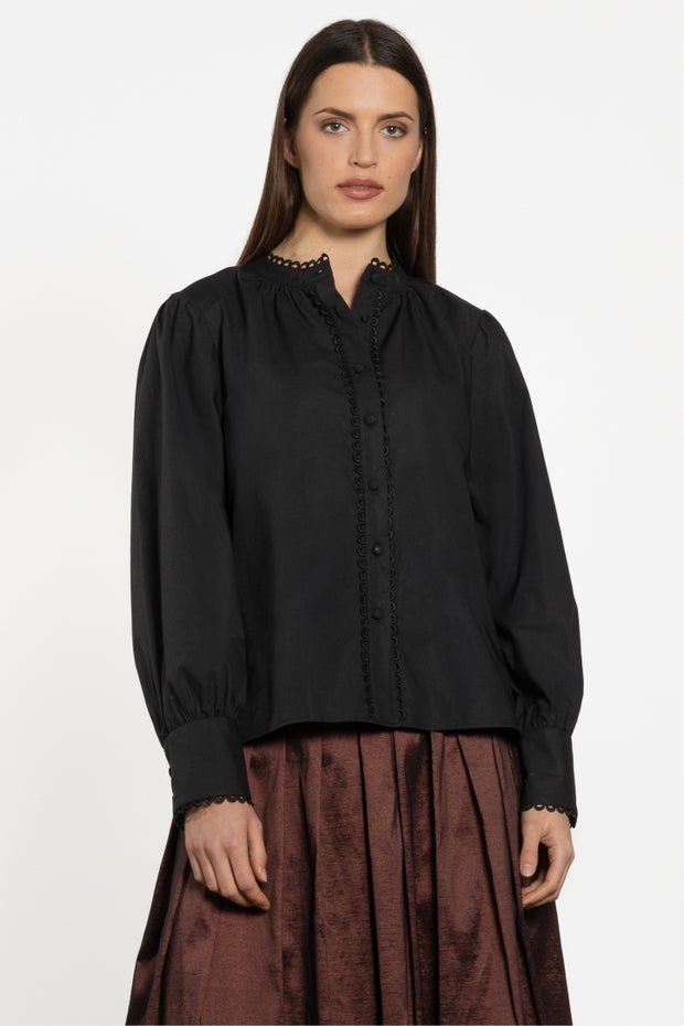 Connie Braid Trim Organic Cotton Blouse in Black