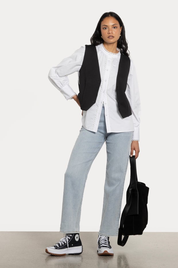 Connie Braid Trim Organic Cotton Blouse in White