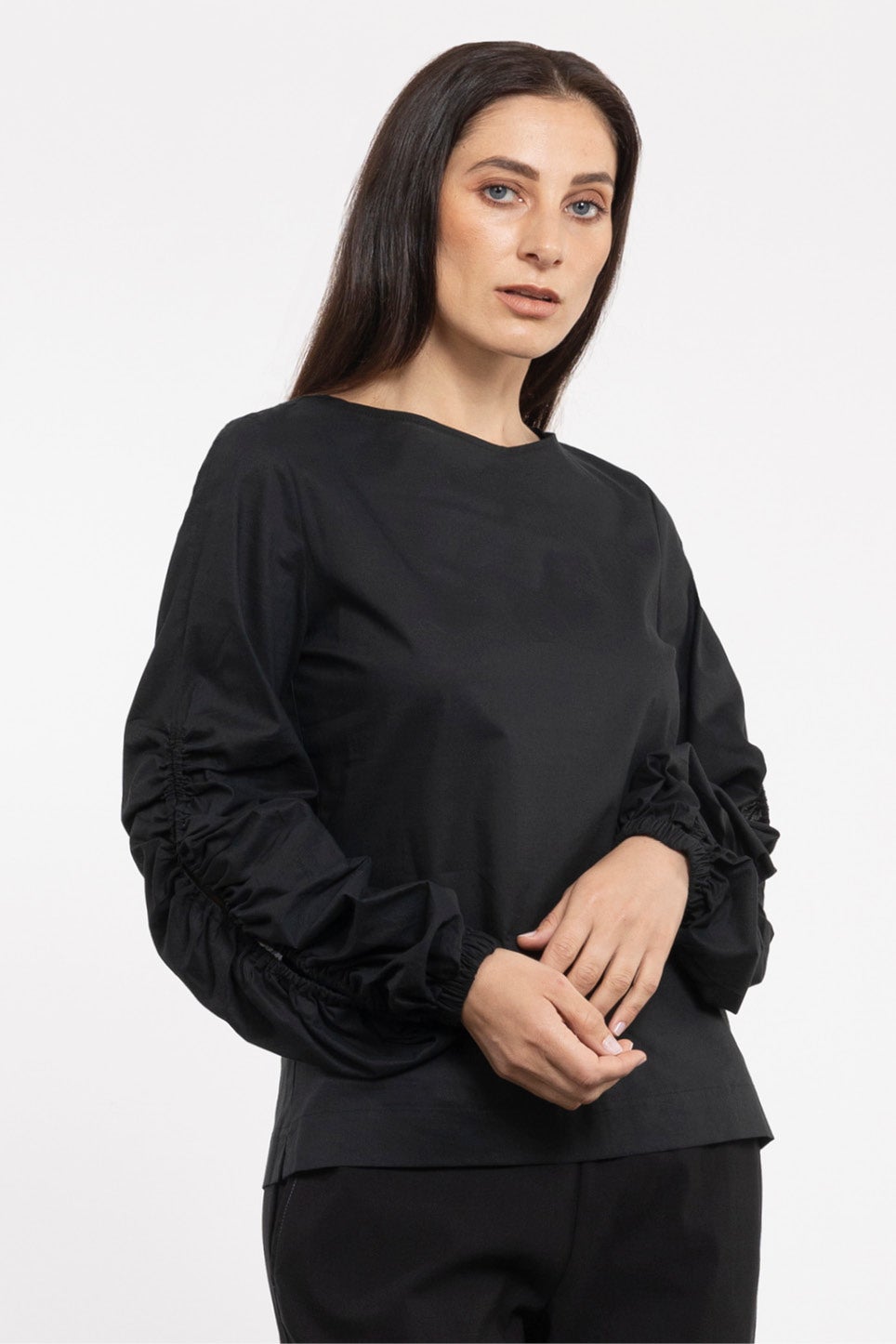 Cypher Gathered Sleeve Cotton Top in Black | Repertoire