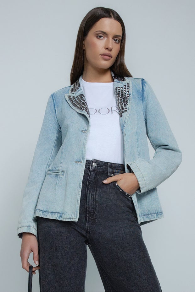 Diamonde Studded Denim Blazer in Blue