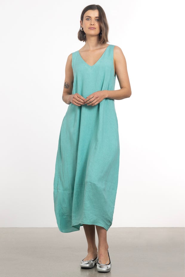 Florence V-neck Linen Midi Dress in Green