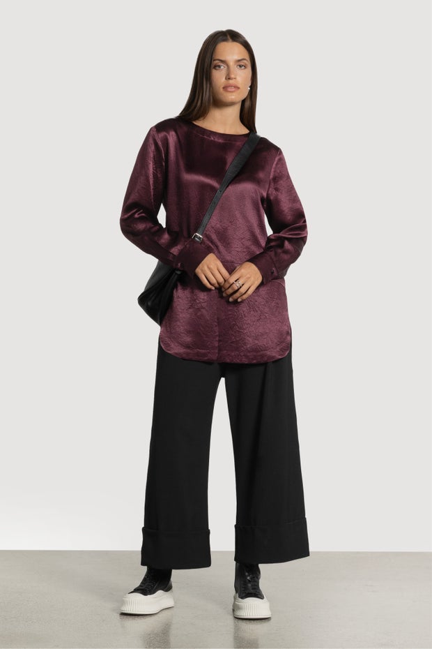 Florian Crushed Satin Long Sleeve Top in Purple