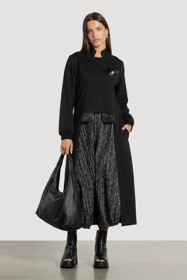 Harper Long Coat (with Lotus Brooch) in Black