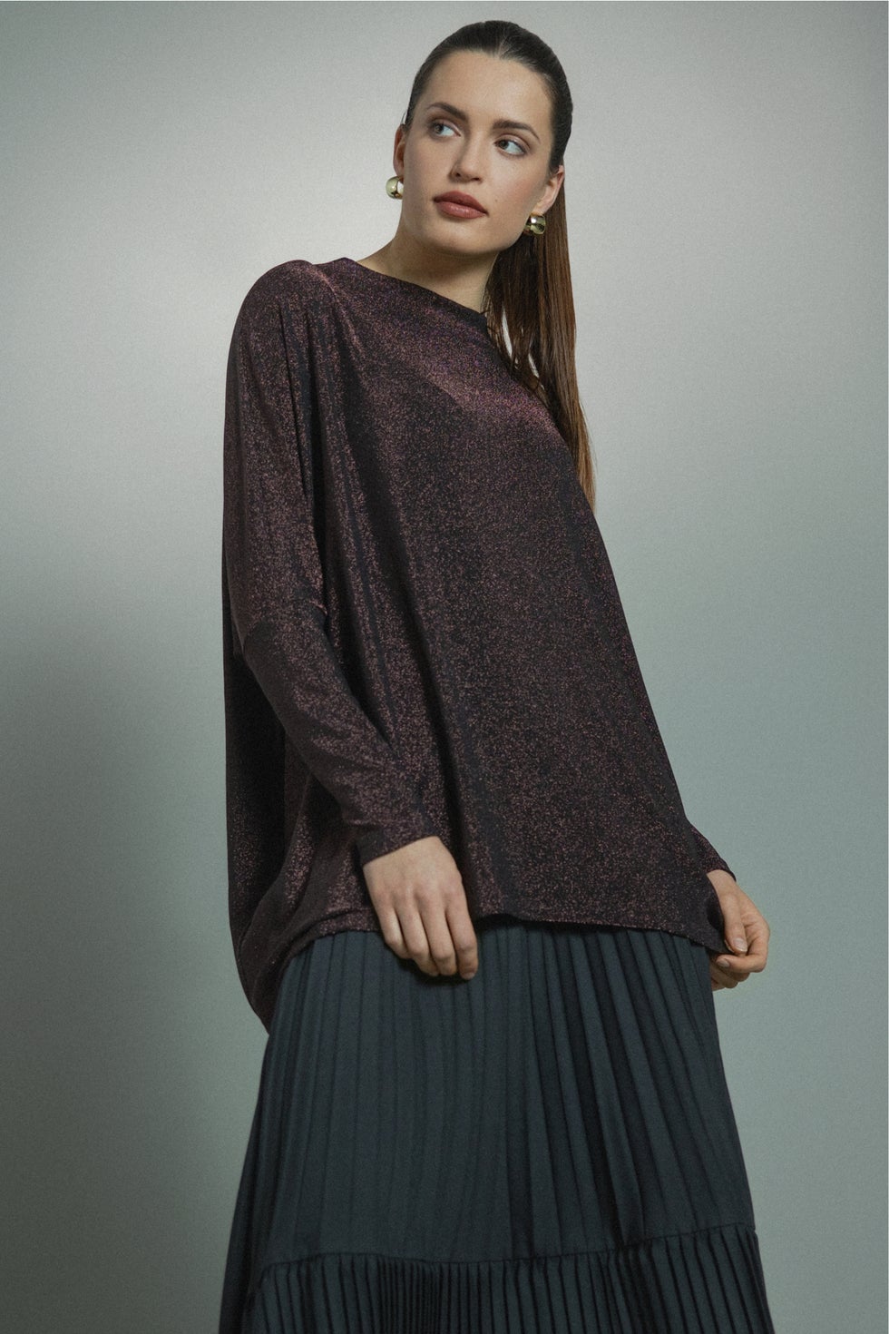 Heidi Glitter Knit Long Sleeve Top in Brown