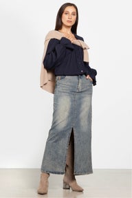 High Waist Denim Column Maxi Skirt in Blue