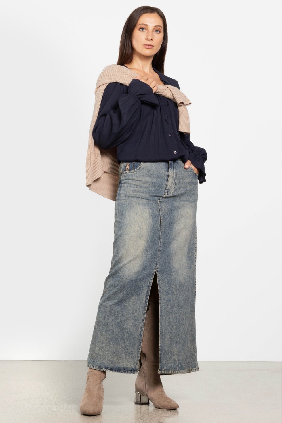 High Waist Denim Column Maxi Skirt in Blue