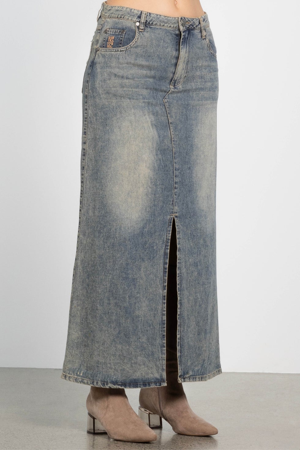 High Waist Denim Column Maxi Skirt in Blue