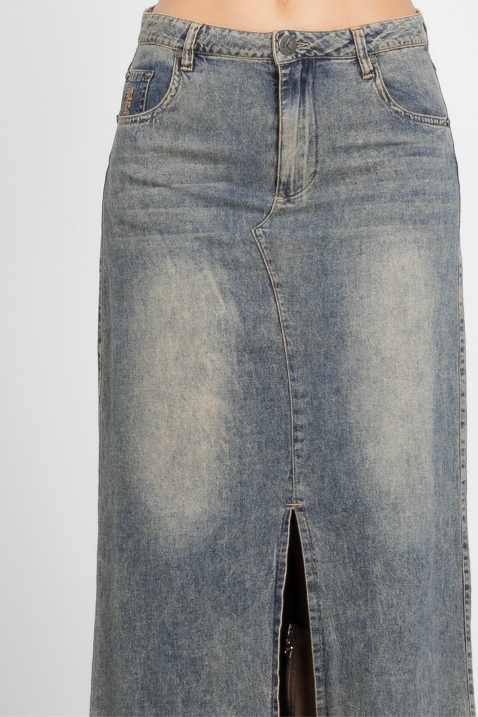 High Waist Denim Column Maxi Skirt in Blue