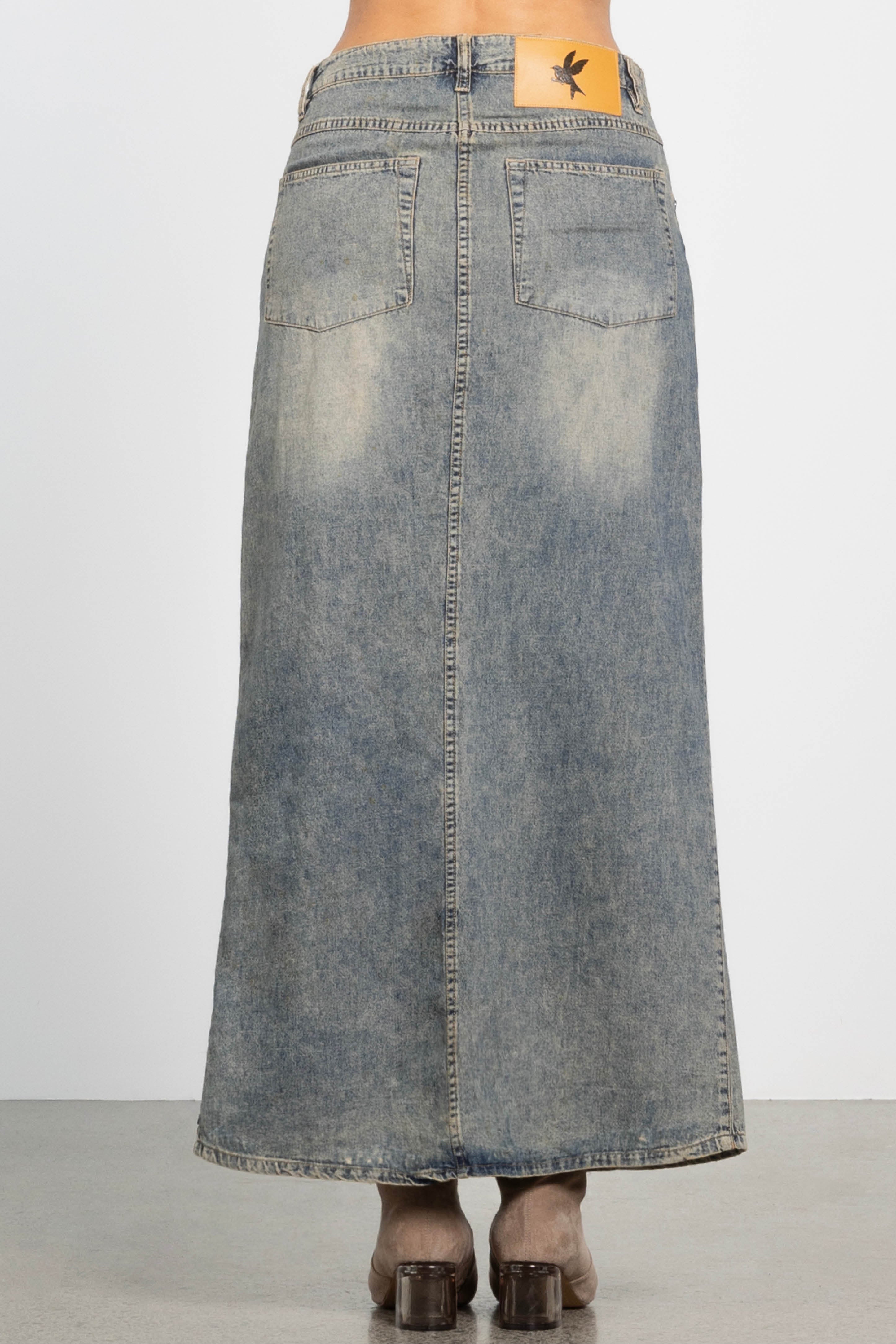 High Waist Denim Column Maxi Skirt in Blue ONE TEASPOON Repertoire
