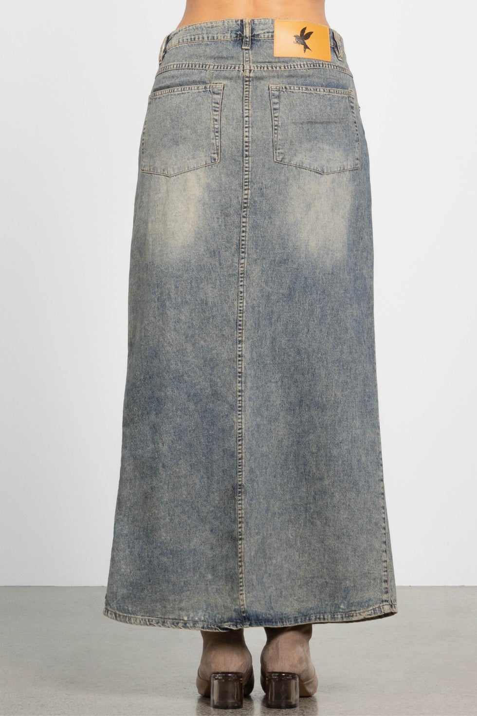 High Waist Denim Column Maxi Skirt in Blue