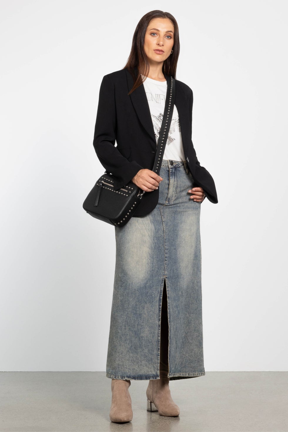 High Waist Denim Column Maxi Skirt in Blue