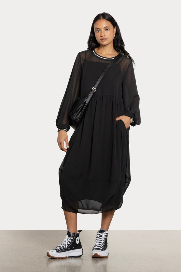 Lucy Semi Sheer Long Sleeve Dress & Slip in Black