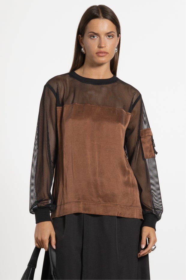 Luke Long Sleeve Mesh Top in Metallic