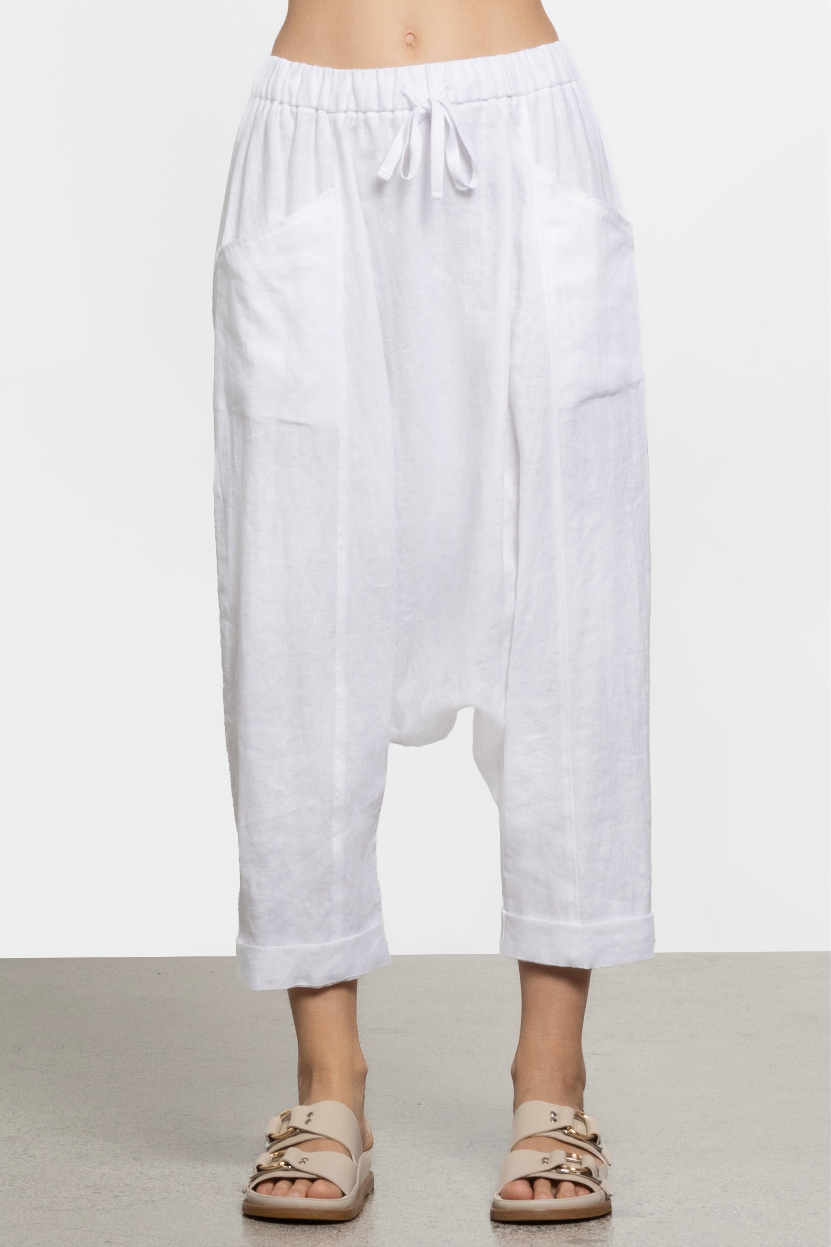 Mara Drop Crotch Linen Pant in White | Repertoire