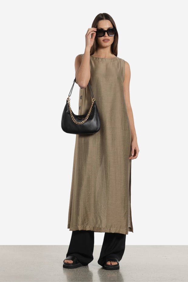 Midas Side Split Long Dress With Slip in Metallic