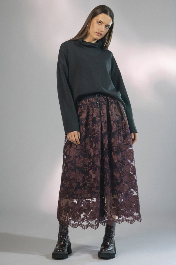 Montague Lace Long Skirt in Brown
