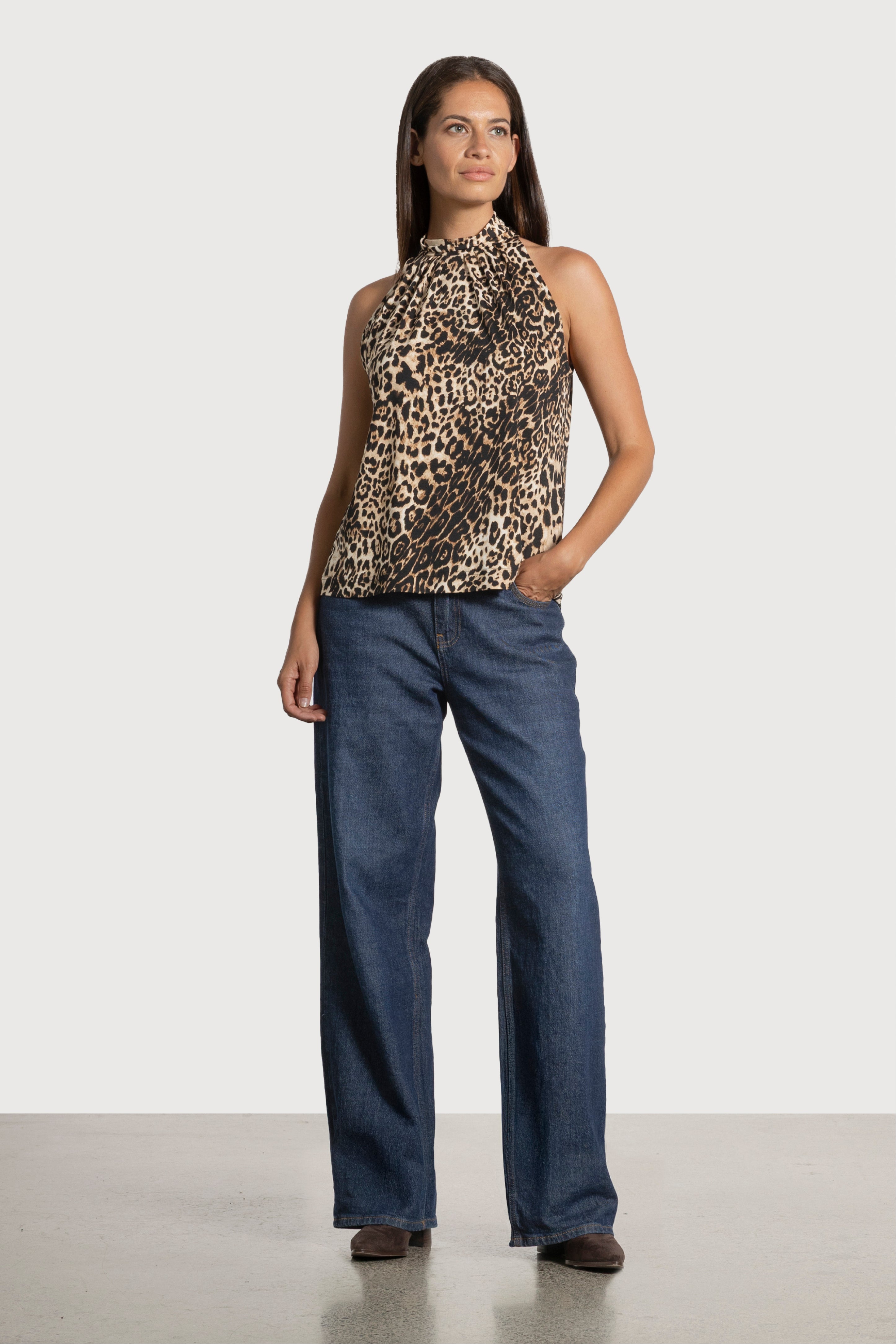 Natalie High-neck Sleveless Top in Brown Repertoire