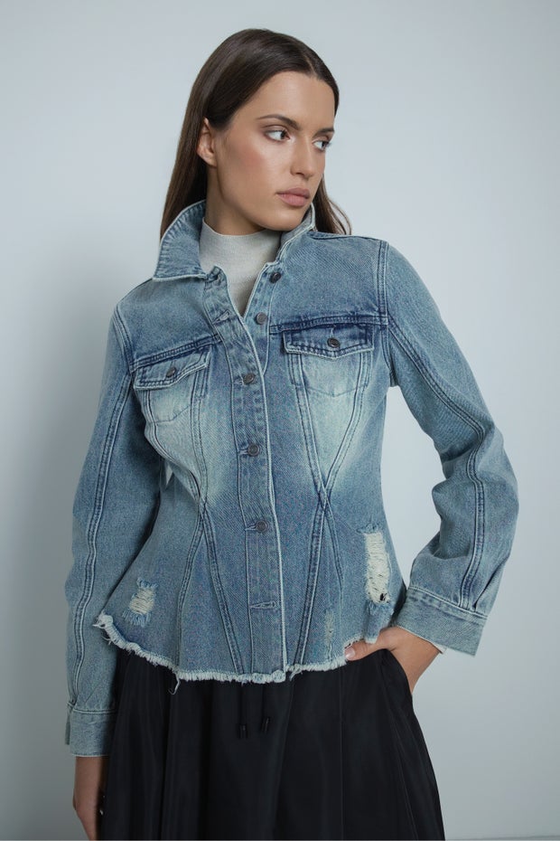 Peplum Denim Shacket in Blue