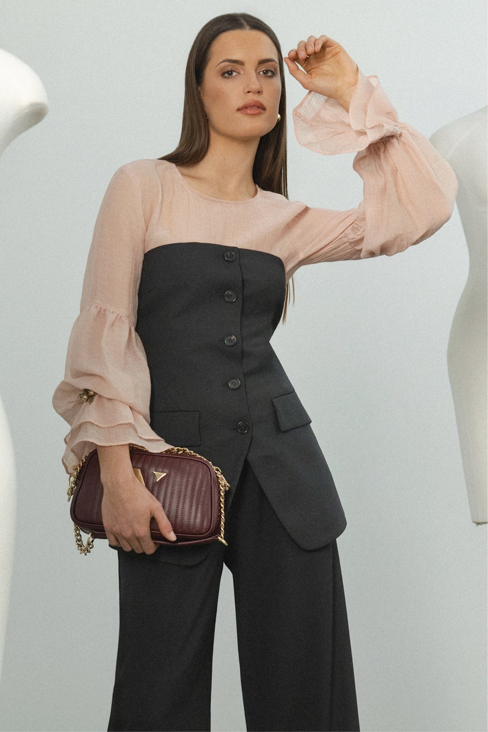Poet Long Sleeve Semi-sheer Blouse in Pink