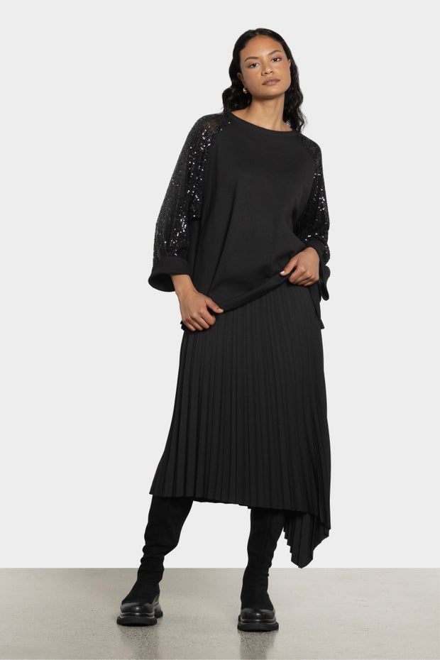 Roman Sequin Sleeve Sweatshirt in Black