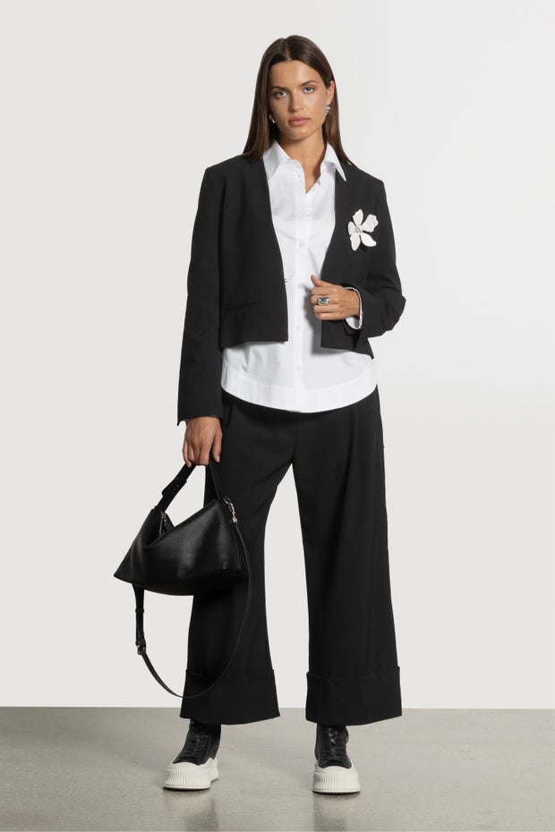 Roza Curved Hem Shirt With Rose Embroidered Cuffs in White