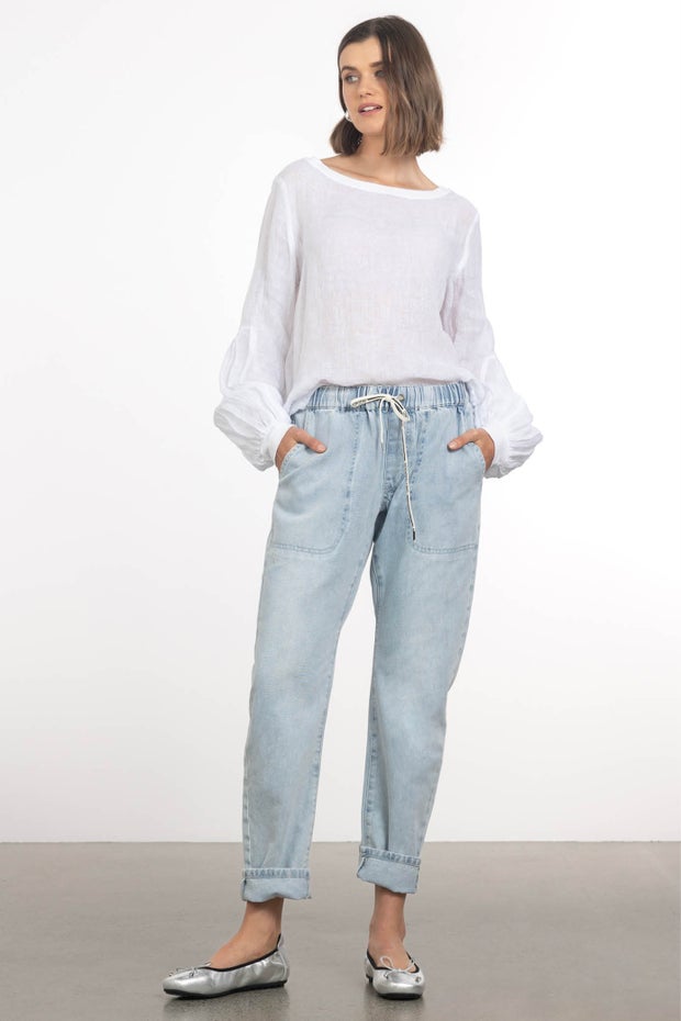 Shabbies Drawstring Boyfriend Jeans in Blue