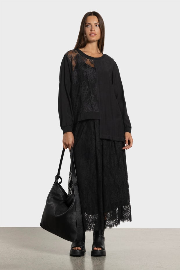Sigma Lace Insert Asymmetric Top in Black