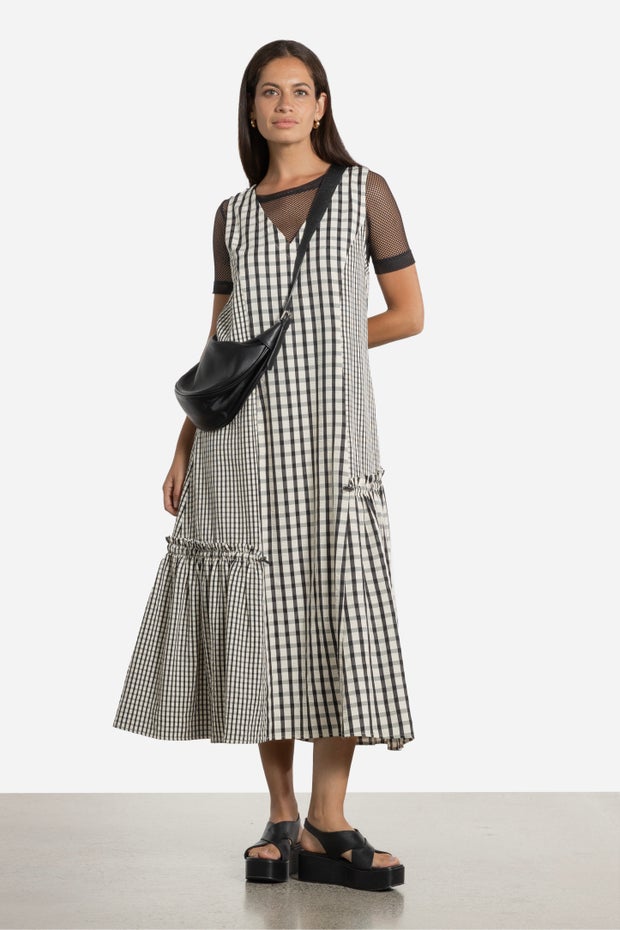 Simona Asymmetrical Gathered Dress in Check