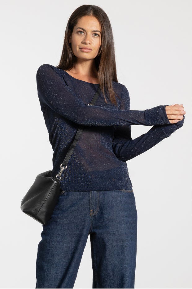 Siri Glitter Long Sleeve Mesh Layering Top in Blue
