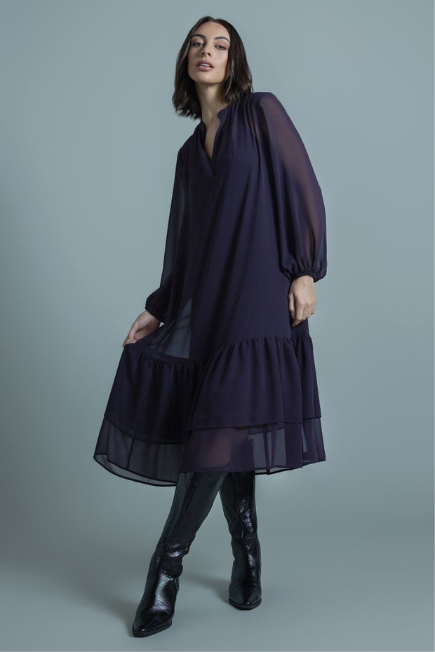Solomon Tiered Midi Dress in Purple