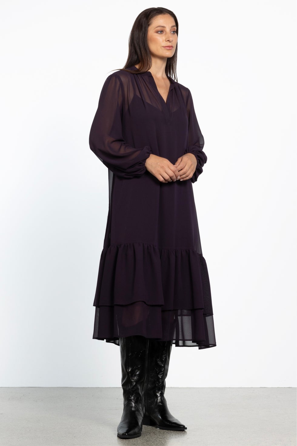 Solomon Tiered Midi Dress in Purple