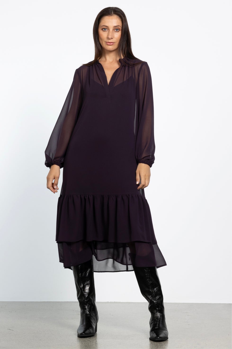 Solomon Tiered Midi Dress in Purple
