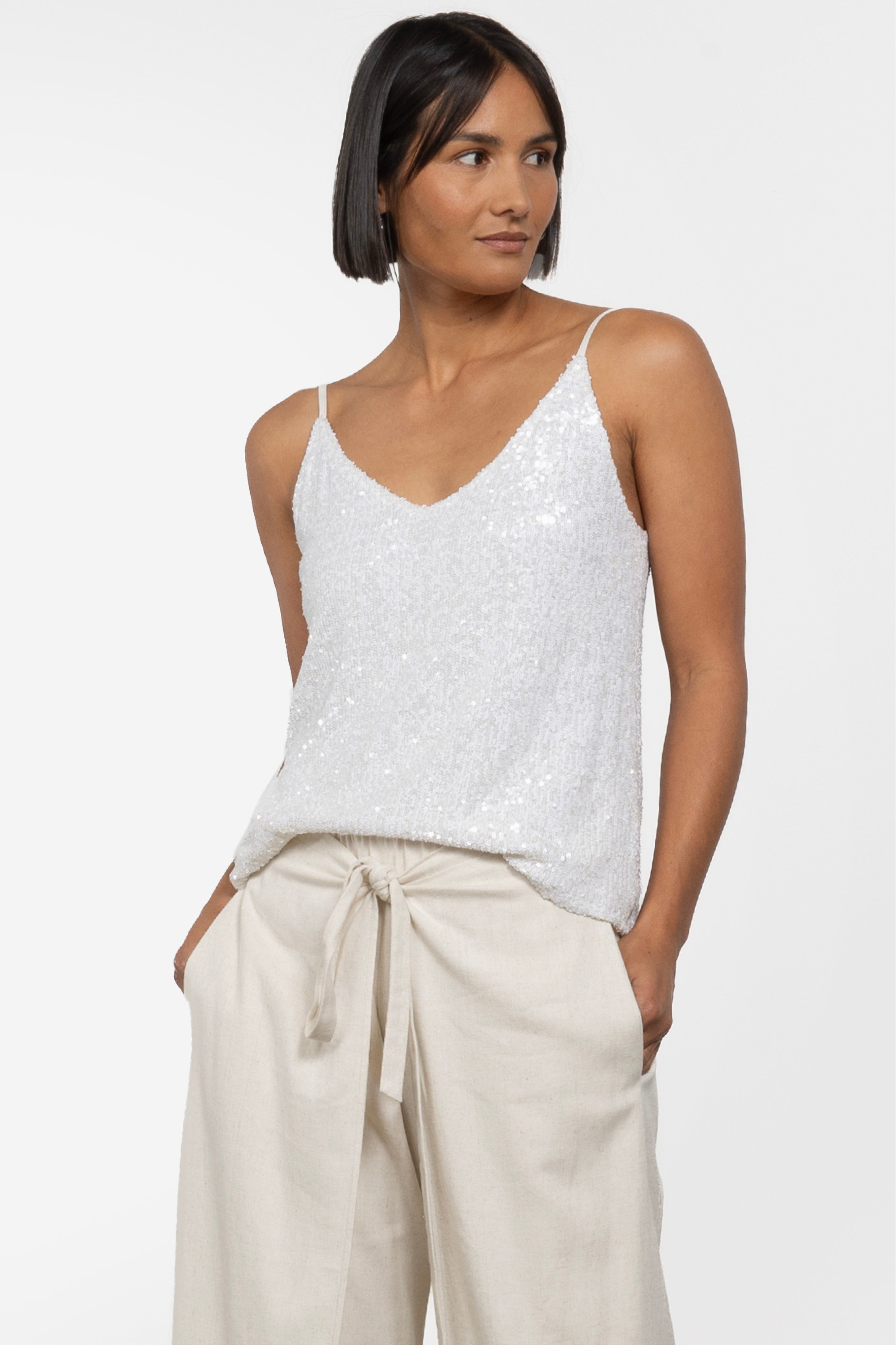 Cotton Blend Sequin Cami Top, White Stuff