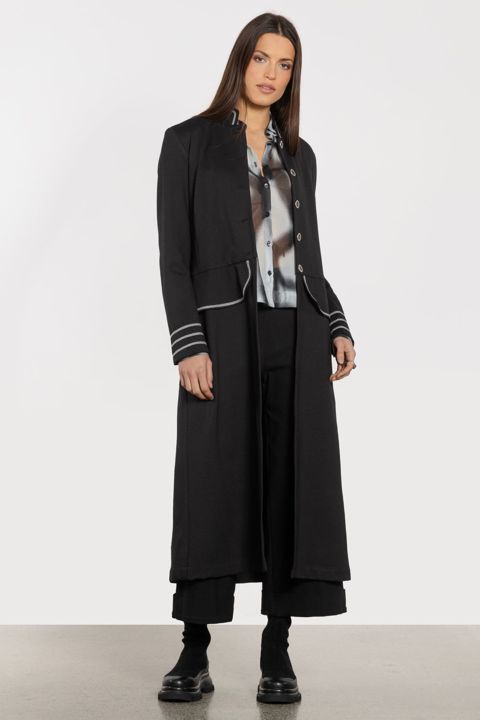 Venice Silver Trim Long Coat in Black