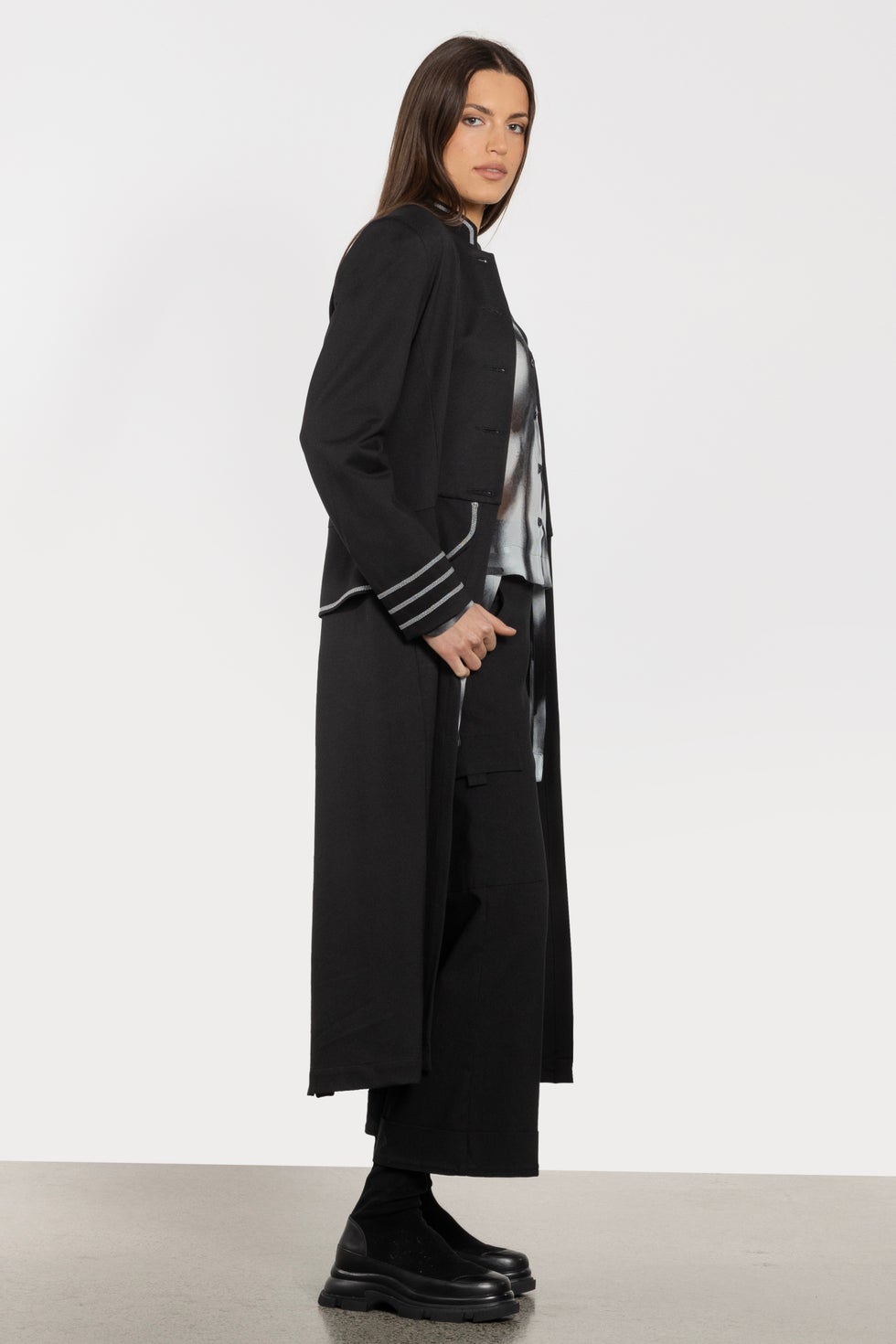 Venice Silver Trim Long Coat in Black